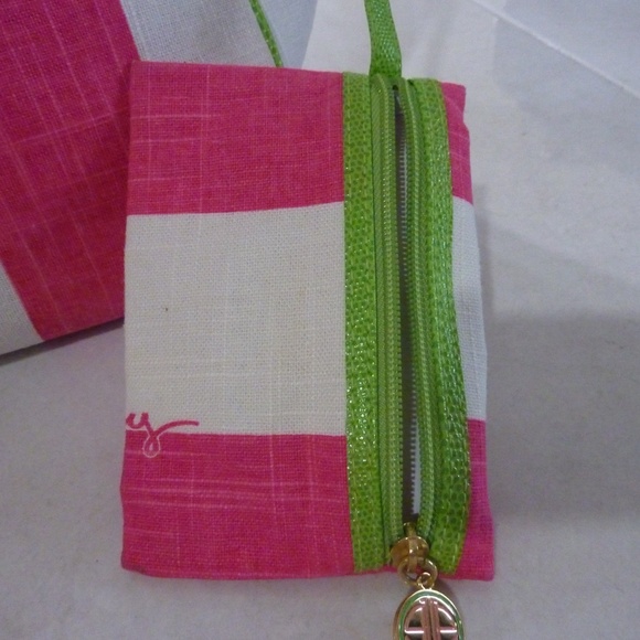 Lilly Pulitzer Striped Large Canvas Tote Bag PINK White GREEN  2 Piece 15 X 12'' - Picture 3 of 14